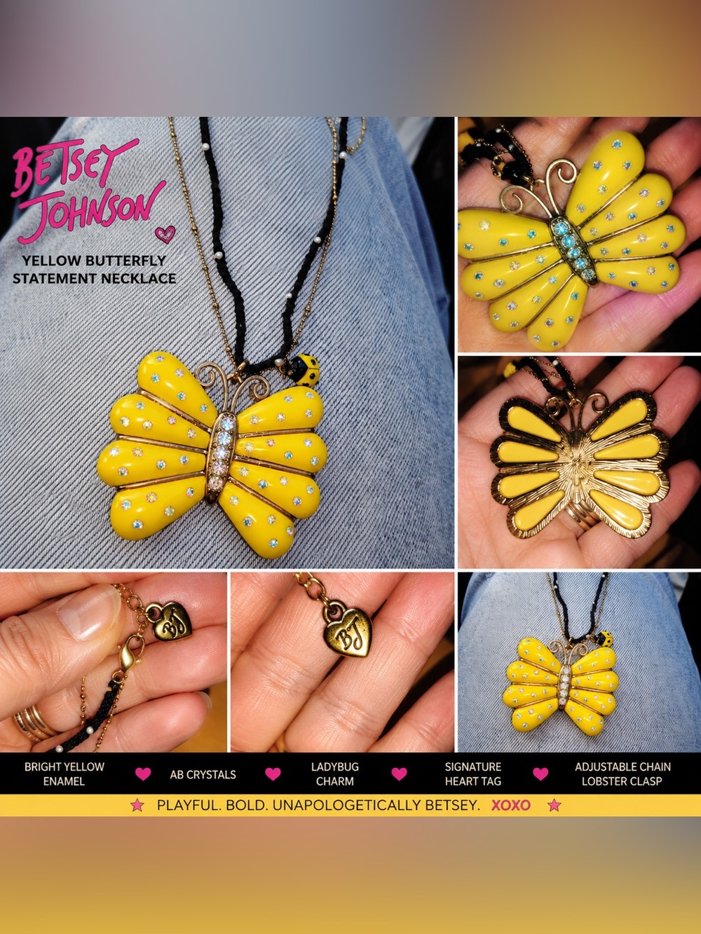 Betsy Johnson Yellow Enamel Butterfly Statement Necklace w/ Crystals & Lady Bug